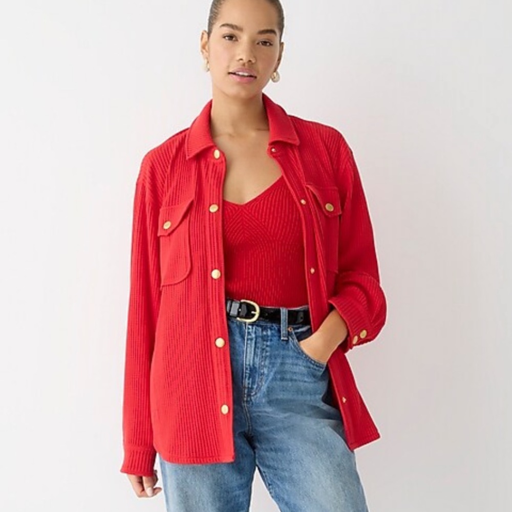 J. Crew Waffle Knit Shirt Jacket in Holiday Red